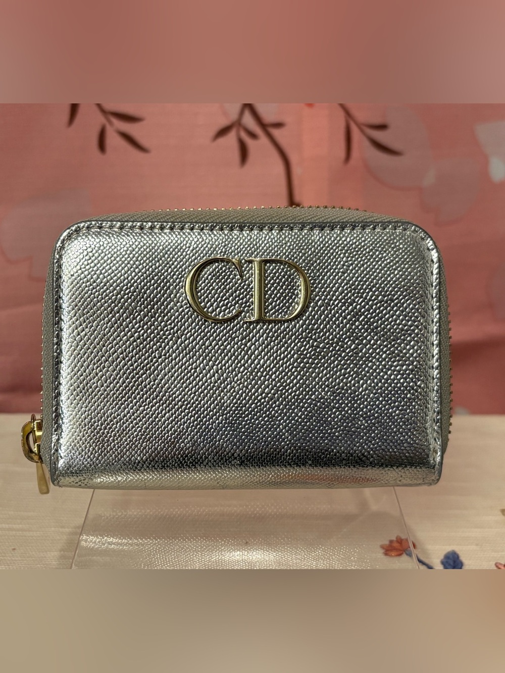 Christian Dior Lizard Embossed Zip Around Card Coin Mini Wallet Silver Metallic